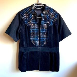 Corduroy Blouse Short-sleeve Blace Navy Blue Women Sz S/M